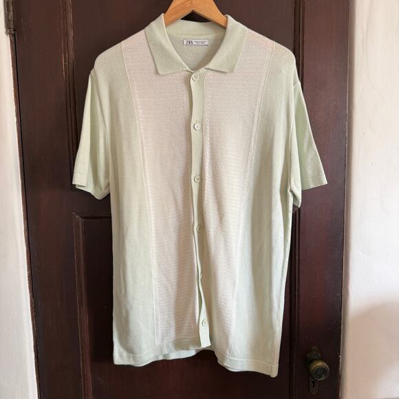 ZARA | Men's Mint Green and Cream Lightweight Knit Collared Shirt Resortwear Med - Picture 1 of 7